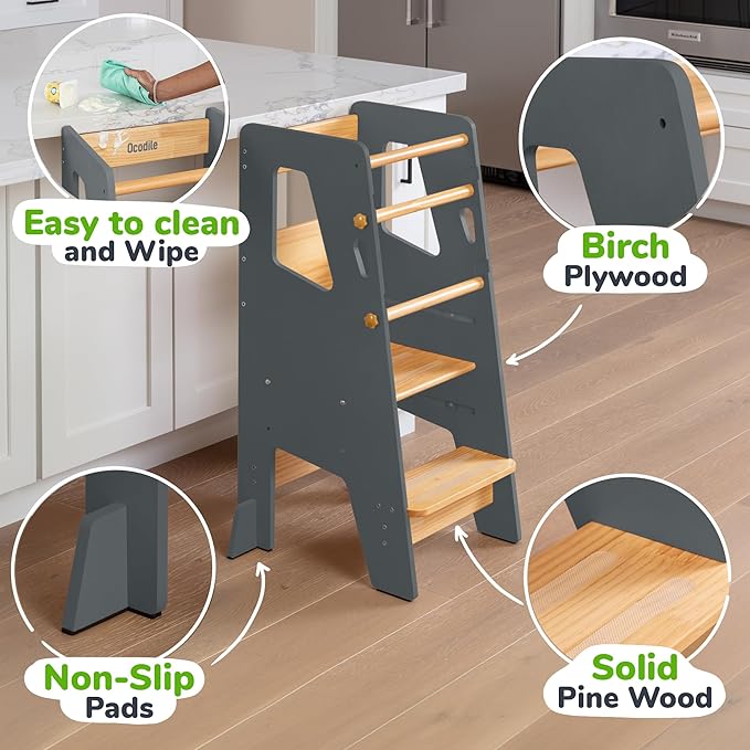 OCODILE Toddler Standing Tower - Adjustable Height Toddler Kitchen Stool Helper - Ideal Kids Kitchen Step Stool for Learning New Skills - Updated Design with Safety Feet - Gray