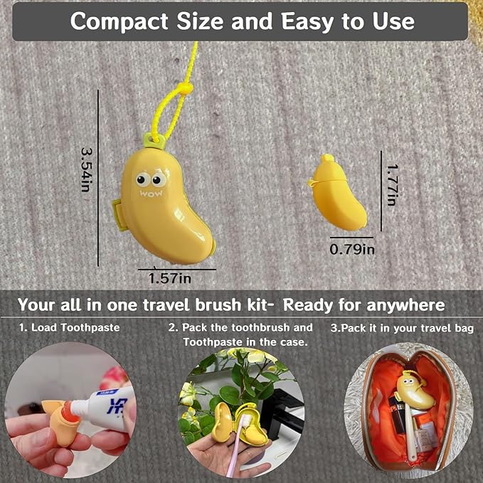 2Pcs 2-in-1 Travel toothbrush holder-Toothbrush covers with Toothpaste case,Portable Reuse Organizer with Banana smile-cute toothbrush cap for Electric&Manual Toothbrush,Ideal for Home&Travel(2,YE&GN)