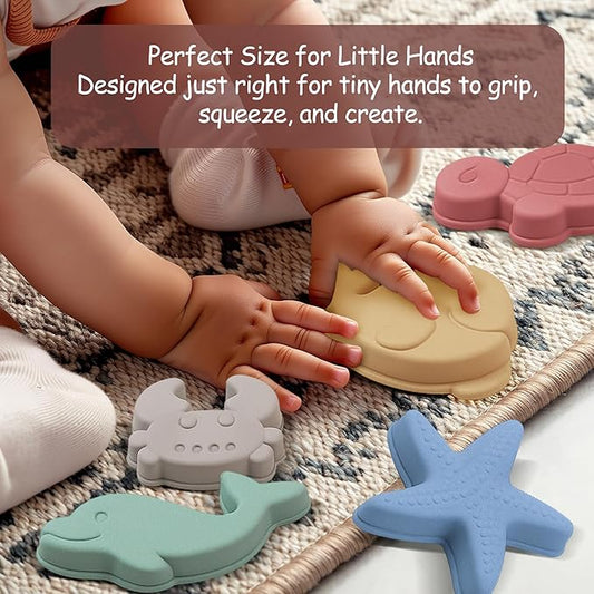 Silicone Beach Toys for Toddlers, Travel Friendly Sand Toys for Babies 6-12 Months, Collapsible Beach Bucket and Shovel Set with 6 Sand Molds for Kids, Family(Pink)