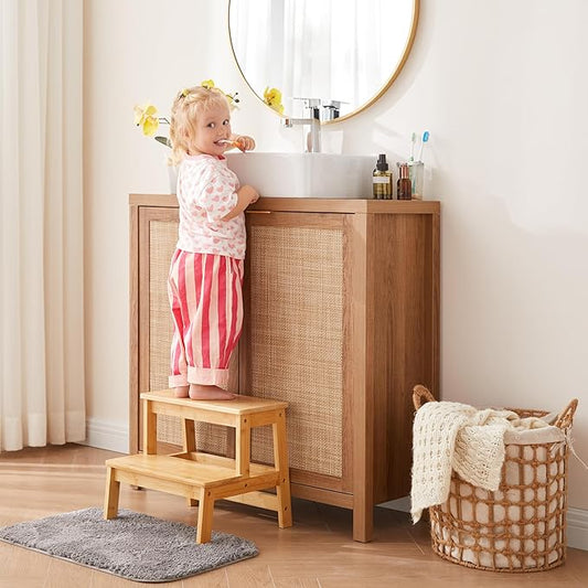 Bamboo Step Stools for Kids, Wooden Stepping Stool for Kitchen/Bathroom/Bedside, Double Step Stool - Holds up to 350Lb (Natural Wood)