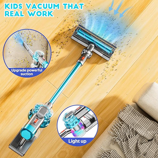 4-in-1 Kids Toy Vacuum That Really Works, Toddler Pretend Play Cleaning Set with Real Suction, Toys Working Cleaner Birthday Idea for 3 4 5 6 7+ Year Girl Boy (Cyan)