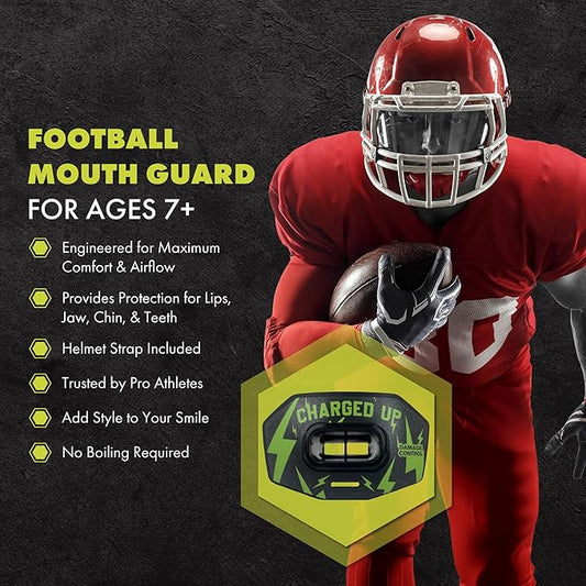 DAMAGE CONTROL Youth Football Mouth Guard – Breathable No Boil Mouthpiece, Protects Lips & Teeth, Works with Braces, Includes Helmet Strap – Sports Gear & Accessories (Charged Up)