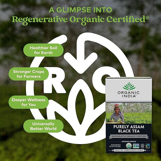 Organic India Purely Assam Black Tea - Caffeinated Herbal Tea Bags with Natural Assam Leaves, Enjoy with Milk & Sweetener, USDA Organic, Non-GMO, Fairtrade Certified - 18 Bags (Pack of 6)