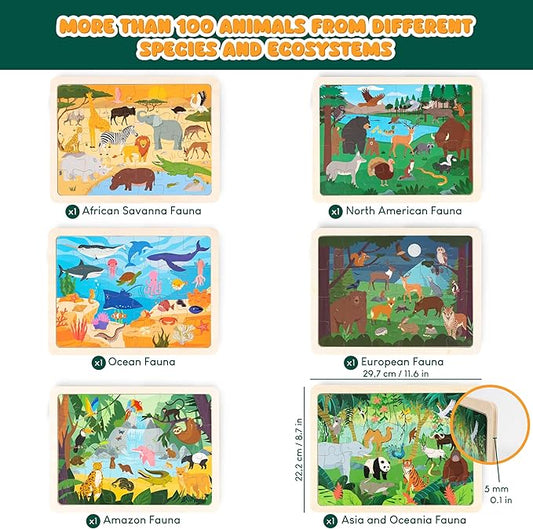 BONNYCO Wooden Puzzles for Kids Ages 4-6 and 3-5. Set of 6 Jigsaw Puzzles 24 Pieces with Board, Animals from Diverse Ecosystems. Educational Toys, Learning Gifts for Boys, Girls