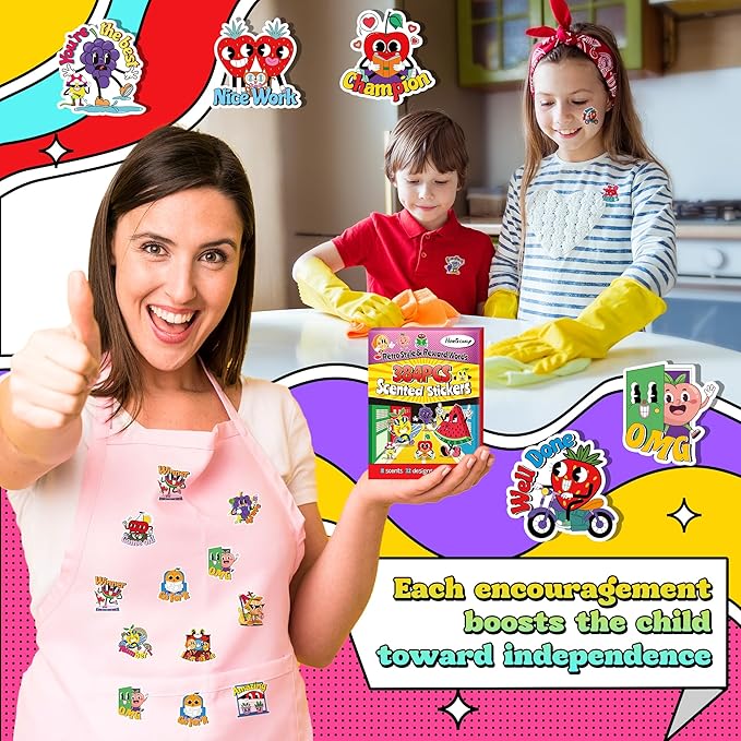 384PCS Scratch and Sniff Stickers for Kids, Large Scented Reward Smelly Fruits Stickers, Motivational Incentive Fun Sticker with Positive Words for Students School Teachers Must Haves, 32 Designs