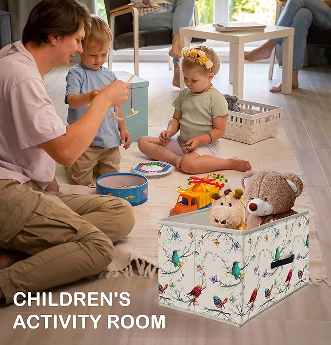 Nogrit Colorful Birds Storage Bins Box, Toybox for Girls, Floral Branches Butterfly Bird Foldable Baskets Organizer Container with Handles for Kids Girls Bedroom Bathroom Clothes Toys Books