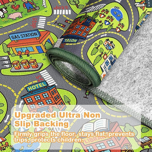 Upgrade Ultra Non Slip Kids Car Rug, Kids Road Playmat Rug for Toy Cars, Educational Town City Map Washable Carpet for Boys Playroom Bedroom, Safer Car Track Play Mat for Children Toddler, 140"x84"