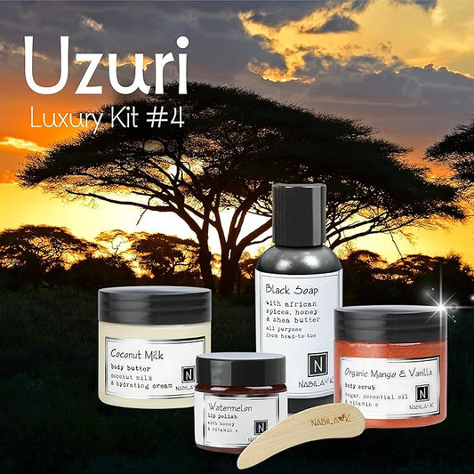 Nabila K Uzuri Hydration Gift Set – Includes Organic Mango Vanilla Body Scrub, Black Soap, Coconut Milk Body Butter & Watermelon Lip Polish – Luxury Bath Kit for Women & Men – Ready-to-Gift Spa Box