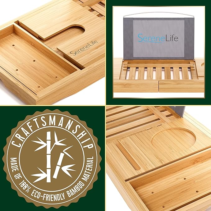 SereneLife Luxury Bamboo Bathtub Caddy Tray - Adjustable Natural Wood Bath Tub Organizer with Wine Holder, Cup Placement, Soap Dish, Book Space & Phone Slot for Spa, Bathroom & Shower SLBCAD20
