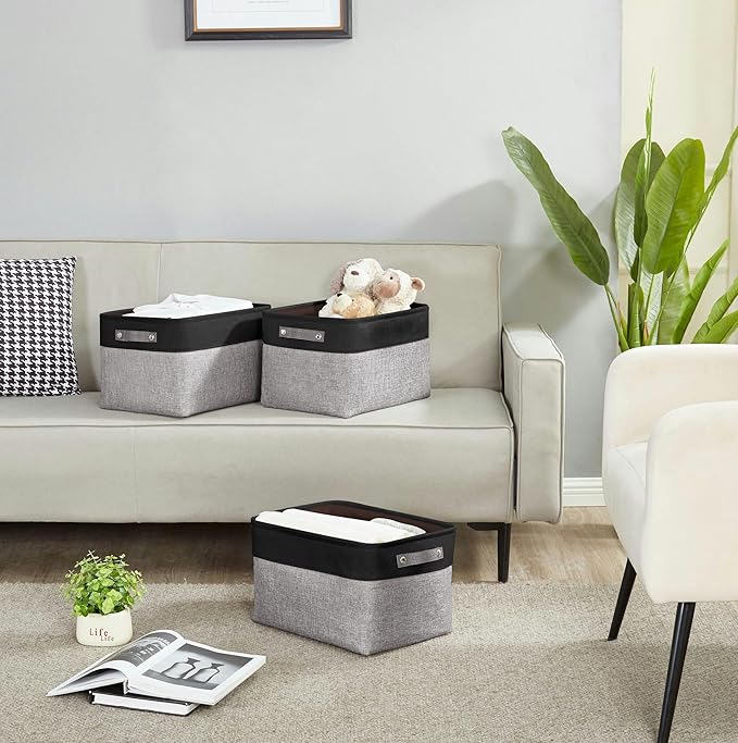 DECOMOMO Storage Baskets for Shelves - Fabric Storage Bins, Linen Closet Organizers and Storage (Grey & Black, Large - 4 Pack)