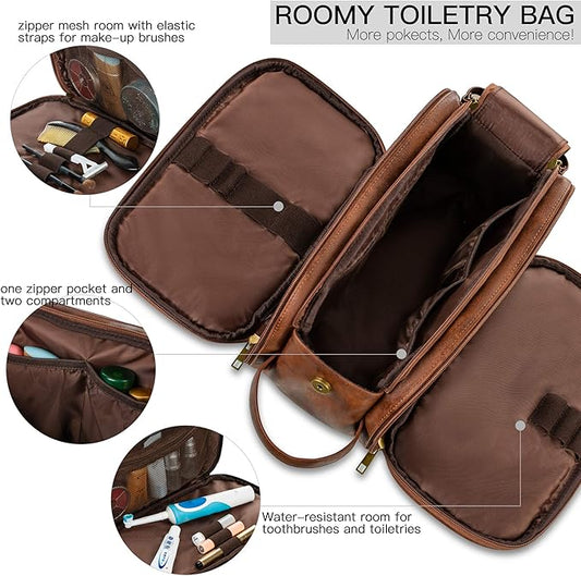 Elviros Travel Toiletry Bag Gift for Men,Mens Toiletries Bag Gifts Set Shaving Dopp Kit Water-resistant Bathroom Toiletries Organizer PU Leather Cosmetic Bags 2 Pack Dark Brown and Brown