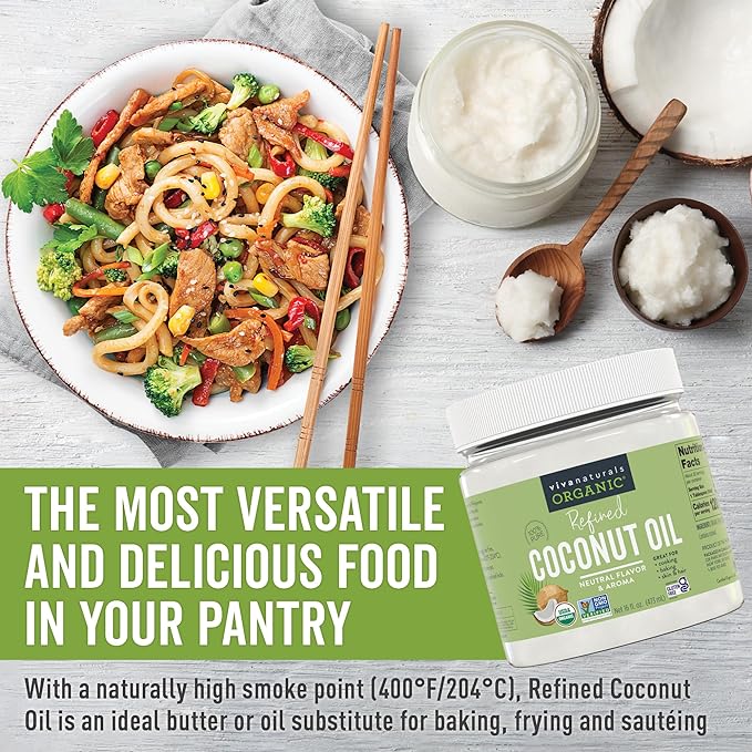 Viva Naturals Refined Coconut Oil, 16 fl oz – Expeller-Pressed, USDA Organic, Neutral Flavor & Aroma, Ideal for Cooking, Baking, Hair & Skin Moisturizer