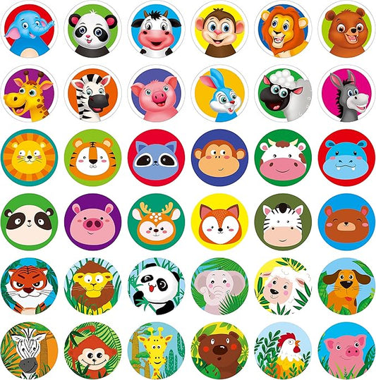 1800 PCS Round Animal Stickers, 36 Designs Adorable Cartoon Teacher Reward Encouragement Stickers for Kids, Party Decoration Sticker for School Classroom Home with Perforation Line(1” Each, 3 Rolls)