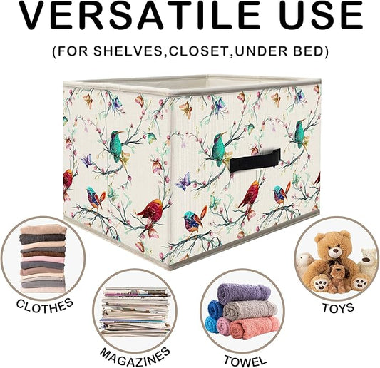 Nogrit Colorful Birds Storage Bins Box, Toybox for Girls, Floral Branches Butterfly Bird Foldable Baskets Organizer Container with Handles for Kids Girls Bedroom Bathroom Clothes Toys Books