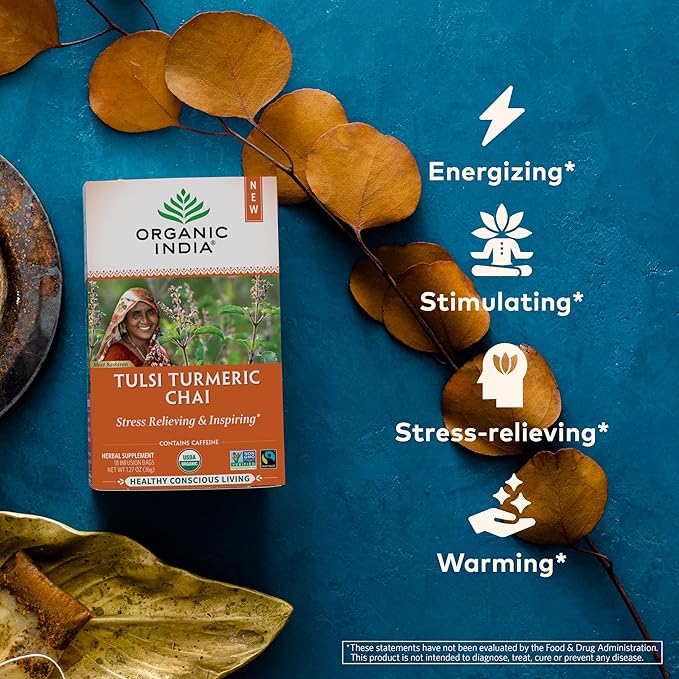 Organic India Tulsi Turmeric Chai Tea - Herbal Tea Bags with Caffeine, Ginger Root, Cinnamon, Holy Basil, Stress Relieving and Energizing, Immune Support, Helps Digestion - 18 Count, Pack of 6