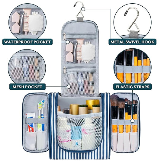 PAVILIA Toiletry Bag Travel Bag for Women Men, Hanging Cosmetic Organizer, Water Resistant Makeup Bag for Accessories Toiletries, Large Travel Essentials Kit (Stripe Navy)