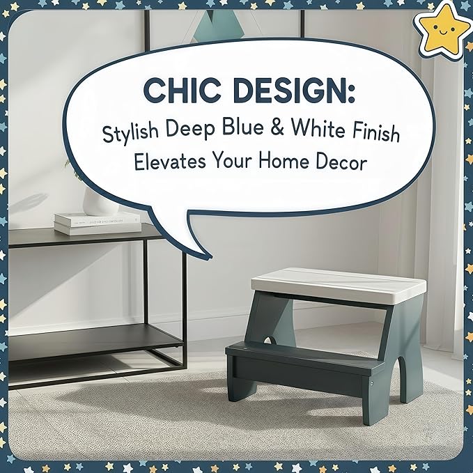 KST36 Wooden Step Stool - 250LBS Load, Non - Slip Water - Resistant Foot Stool for All Ages, Bathroom & Kitchen (Blue & White, Two Step)