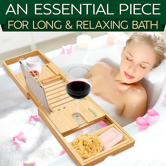 SereneLife Luxury Bamboo Bathtub Caddy Tray - Adjustable Natural Wood Bath Tub Organizer with Wine Holder, Cup Placement, Soap Dish, Book Space & Phone Slot for Spa, Bathroom & Shower SLBCAD20