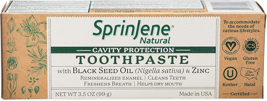 SprinJene Natural Fluoride Toothpaste – Natural Toothpaste for Gum Health & Cavity Protection – Patented Black Seed Oil & Zinc Formula for Healthy Teeth & Gums – Made in The USA (1 Pack)