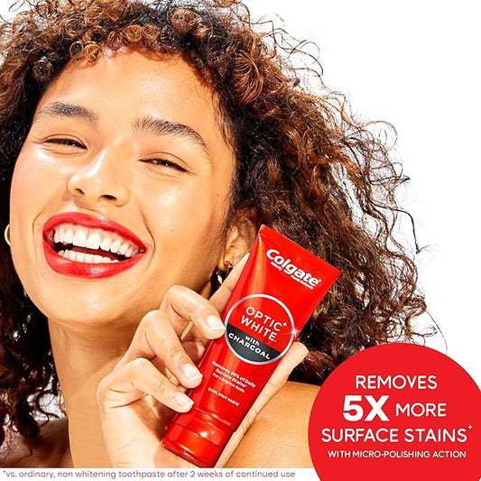 Colgate Optic White Whitening Toothpaste with Charcoal, Whitening with Charcoal Toothpaste Pack, Removes Daily Surface Stains, Enamel-Safe for Daily Use, Vegan, Cool Mint Paste, 2 Pack, 4.2 oz