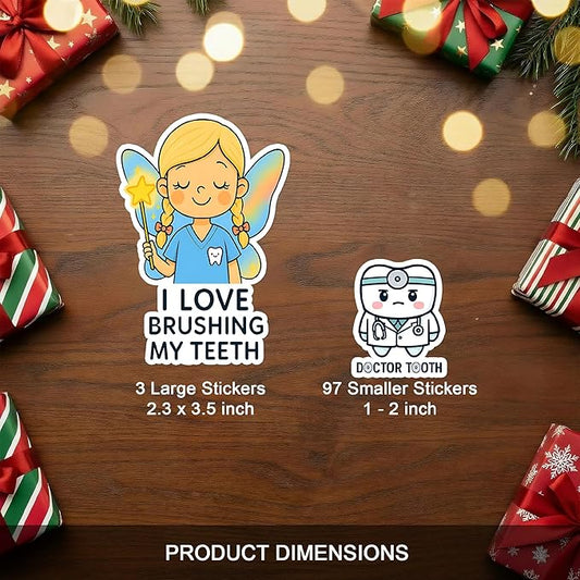 100 PCS Dentist Tooth Stickers Pack – Cute Teeth Dental Hygiene Vinyl Waterproof Decals for Kids, Teens, Adults, Dentist Students, Scrapbook, Laptop, Water Bottle, Car, Hard Hat