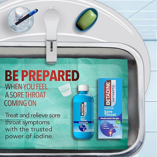 Betadine Sore Throat Relief Gargle, Mint Flavor, Fast Acting Antiseptic, Povidone-Iodine 0.5%, 8 oz (Pack of 2)