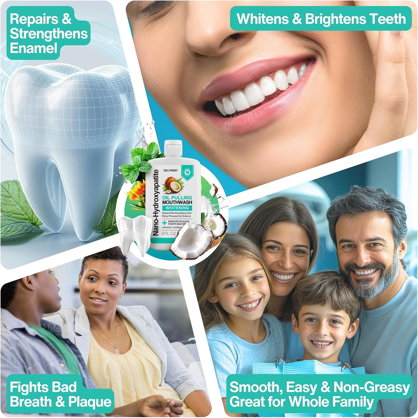 Nano-Hydroxyapatite Oil Pulling Whitening Mouthwash for Teeth and Gums, Natural & Organic, Whitens Teeth, Strengthens Enamel, Fights Bad Breath & Plaque – Smooth & Non-Greasy – for Adults & Kids