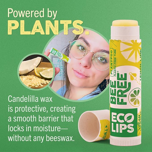 Vegan Lip Balm Sweet Mint by Eco Lips flavor 3 Pack Natural Bee Free with Candelilla Wax, Organic Cocoa Butter, & Coconut Oil Lip Care. 100% Plastic-Free Plant Pod Packaging - Made in USA