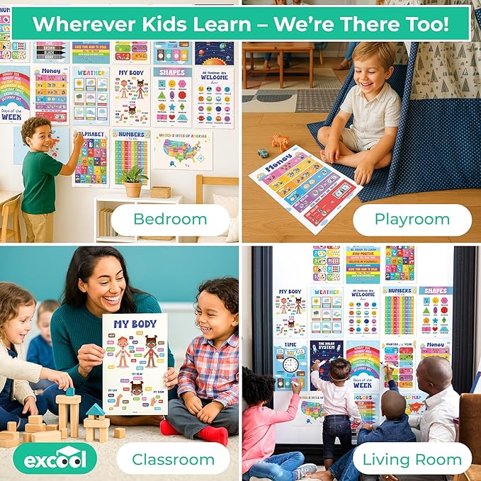 EXCOOL CLUB 16 Colorful Educational Posters For Toddlers 1-3, Toddler Learning Posters For Kids Ages 3-5, Kindergarten Classroom Must Haves, Laminated Abc Number Chart Prek Classroom Decor Preschool