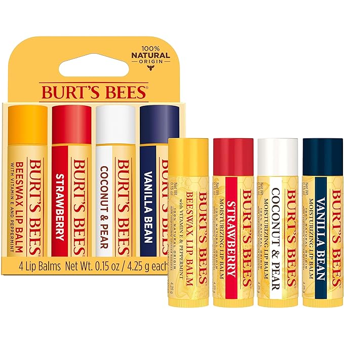 Burt's Bees Lip Balm, Beeswax, Strawberry, Coconut and Pear, and Vanilla Bean Pack, With Responsibly Sourced Beeswax, Tint-Free, Natural Lip Treatment, 4 Tubes, 0.15 oz.