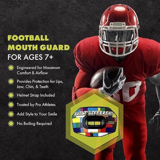 DAMAGE CONTROL Youth Football Mouth Guard – Breathable No Boil Mouthpiece, Protects Lips & Teeth, Works with Braces, Includes Helmet Strap – Sports Gear & Accessories (Built Different)