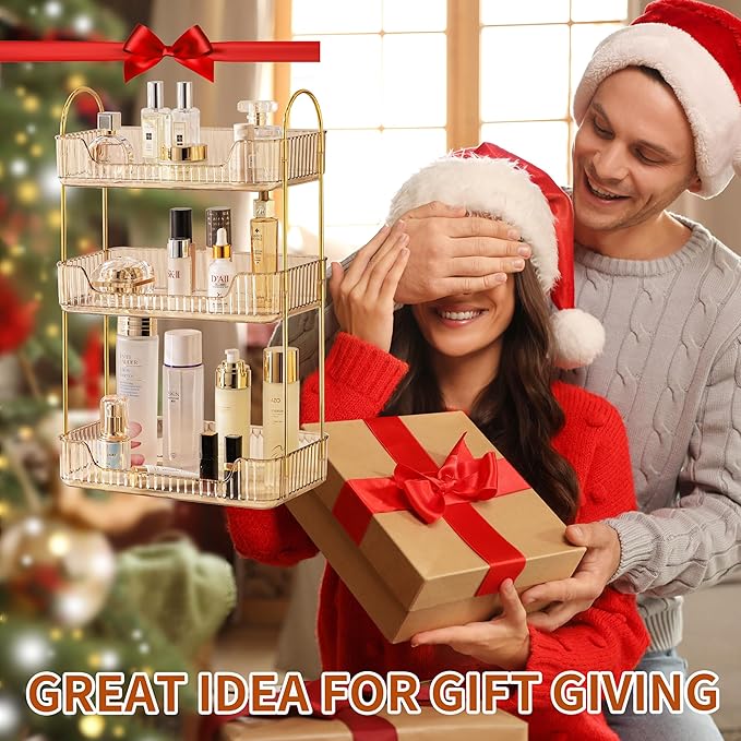 3 Tier Bathroom Organizer Countertop Makeup Perfume Tray Skincare Organizer for Bathroom Dresser Vanity (Gold)