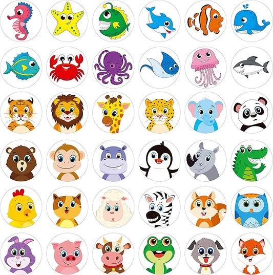 1800 PCS Round Animal Stickers, 36 Designs Wild/Farm/Marine Animal Cartoon Teacher Reward Stickers for Kids, Party Decoration Sticker for School Classroom Home with Perforation Line(1” Each, 3 Rolls)
