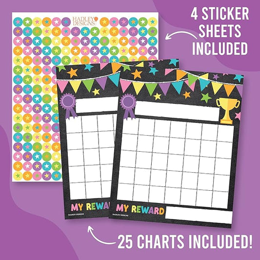 Sticker Chart for Kids Behavior at Home & Classroom - 25 Reward Chart for Kids Incentives, Gold Star Sticker Sheets, Chalkboard Theme Incentive Charts for Classroom Must Haves