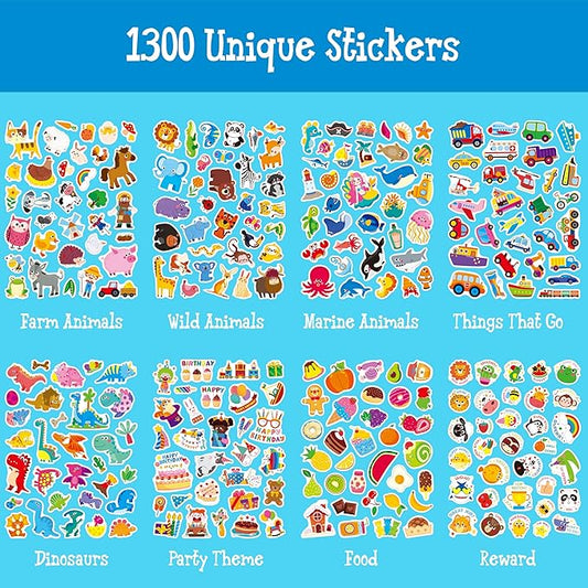 1300PCS Adorable Stickers, Farm/Marine/Wild Animals, Vehicles, Dinosaurs, Food, Party, Food, Reward Stickers Incentive System Stickers for Classroom, Kindergarten, Home Rewards, Craft Scrapbooking