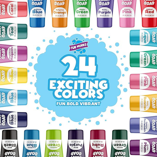 Tub Works® Bath Paint Soap Bath Toy, 24 Pack | Non-Toxic, Washable Bath Paint for Finger Painting in the Tub | Ideal Toddler Bath Toys for Creative Play | Classic & Pastel Bath Colors for Kids Bath