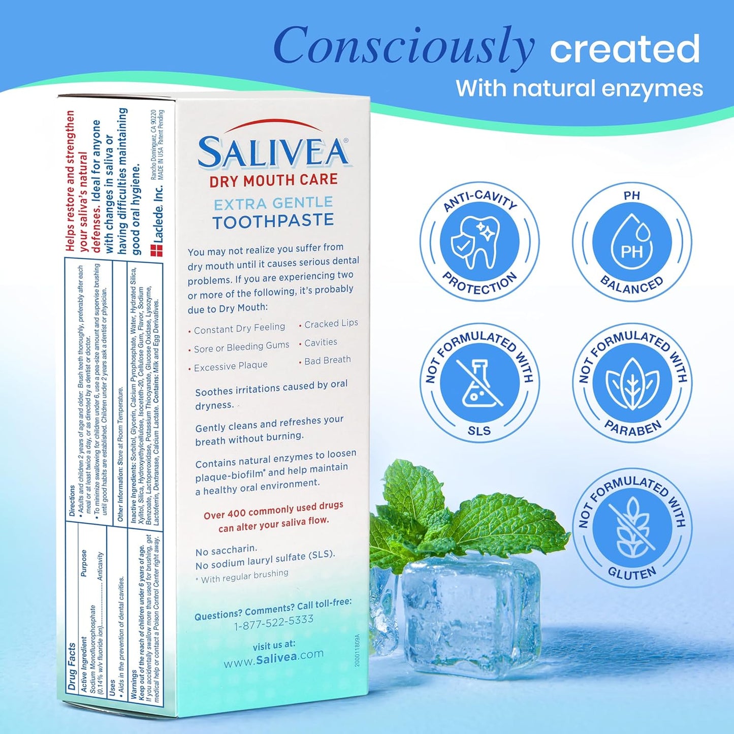 SALIVEA Gentle Toothpaste for Dry Mouth Care, 4.3 oz Tube, 2 Pack, Anticavity with Fluoride, Natural Salivary Enzymes, Vitamin E & Aloe Vera, Cleans, Moisturizes & Refreshes Breath, Soothing Mint