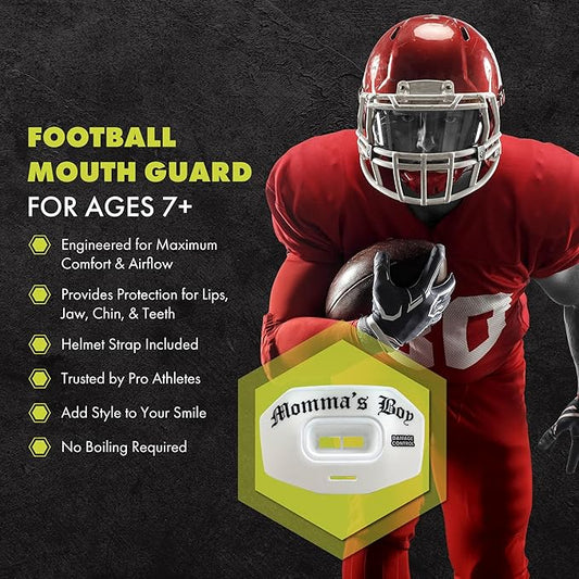 DAMAGE CONTROL Youth Football Mouth Guard – Breathable No Boil Mouthpiece, Protects Lips & Teeth, Works with Braces, Includes Helmet Strap – Sports Gear & Accessories (Momma's Boy)