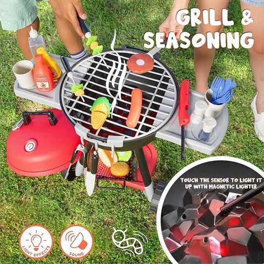 JOYIN 34 PCS Kitchen Toy Set, BBQ Play Grill, Cooking Toy Set, Little Chef Play, Kids Grill Playset Interactive BBQ for Kids with Light & Sound, Christmas Birthday Gift for 2 3 4 Year Old Boys Girls