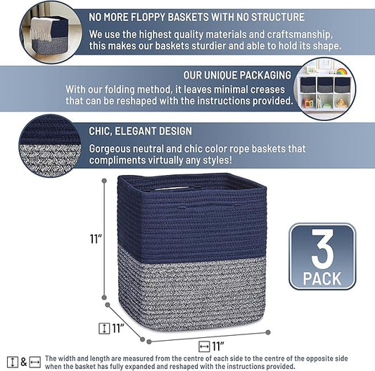 NaturalCozy Storage Cubes 11 Inch Cotton Rope Woven Baskets for Organizing, 3-Pack | Cube Storage Bin | Square Storage Baskets for Shelves Organizer, Classroom, Kids Toy Bins, Closet, Baby Nursery