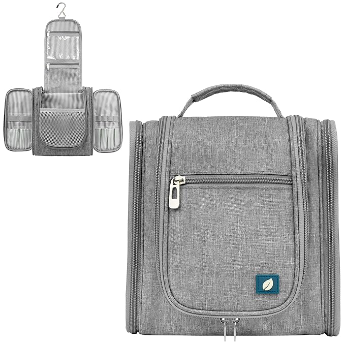 PAVILIA Toiletry Bag Travel Bag for Women Men, Hanging Cosmetic Organizer, Water Resistant Makeup Bag for Accessories Toiletries, Large Travel Essentials Kit (Grey)