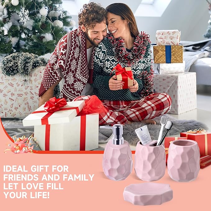 Ceramic Bathroom Accessories Set 4 PCS,Bathroom Toothbrush Holder Set,Soap and Toothbrush Holder Set,Include Toothbrush Holder,Soap Dispenser,Tumbler,Soap Dish,Bathroom Sets Decor Organizer (Pink)
