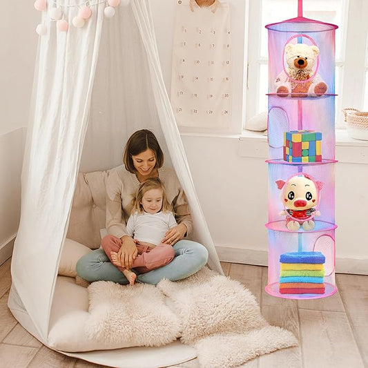 Libeder 2Pcs Mesh Hanging Storage Organizer, 4 Compartments, Foldable, Portable, Casual Style, Hanging Organizer for Kids Room, Pink (Rainbow Tie Dye)