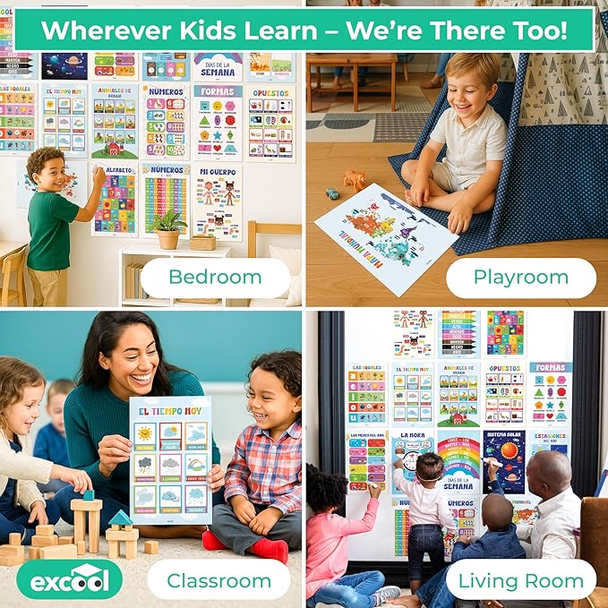 EXCOOL CLUB 16 Spanish Classroom Posters For Elementary - Colorful Bilingual Educational Posters For Toddlers 1-3, Laminated Learning Poster Preschool Must Haves, Abecedario Para Niños En Español