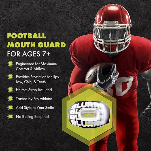 DAMAGE CONTROL Youth Football Mouth Guard – Breathable No Boil Mouthpiece, Protects Lips & Teeth, Works with Braces, Includes Helmet Strap – Sports Gear & Accessories (Blurr)