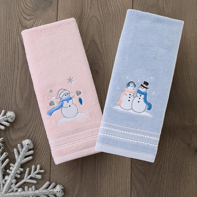 SKL Home Christmas/Winter Glitz Snow Couple 100% Cotton Embroidered 2pc Hand Towel Set, Decorative for Bath/Kitchen/Bar, Light Blue