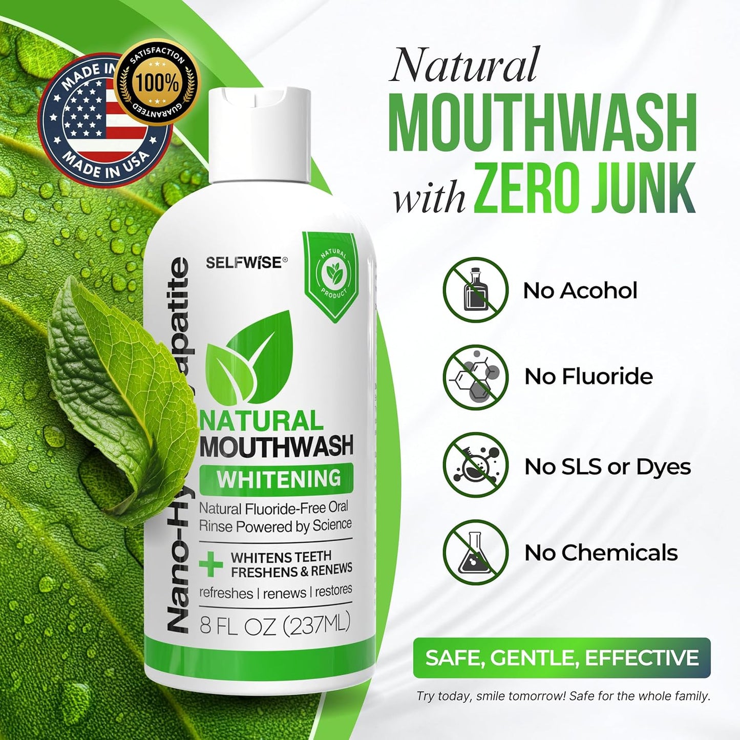 Nano-Hydroxyapatite Natural Whitening Mouthwash with Xylitol – Fluoride-Free, Alcohol-Free, Antiseptic Oral Rinse for Fresh Breath & Enamel Protection – Gentle for Sensitive Teeth