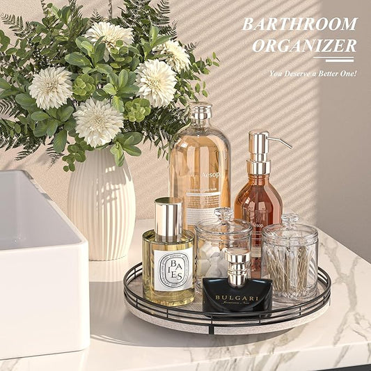 12" Farmhouse Lazy Susan for Kitchen & Coffee Table Decor – Rustic Whitewashed Wood Tray with Black Metal Frame, Decorative Centerpiece for Dining Room, Ottoman, Living Room, Serving or Vanity Use