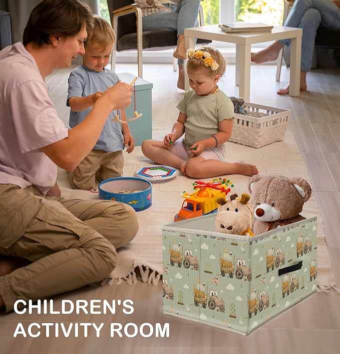 Nogrit Farm Animal Nursery Storage Bins Box, Toybox for Boys Girls, Light Green Rustic Farmhouse Foldable Baskets Organizer Container with Handles for Kids Bedroom Bathroom Clothes Toys Books