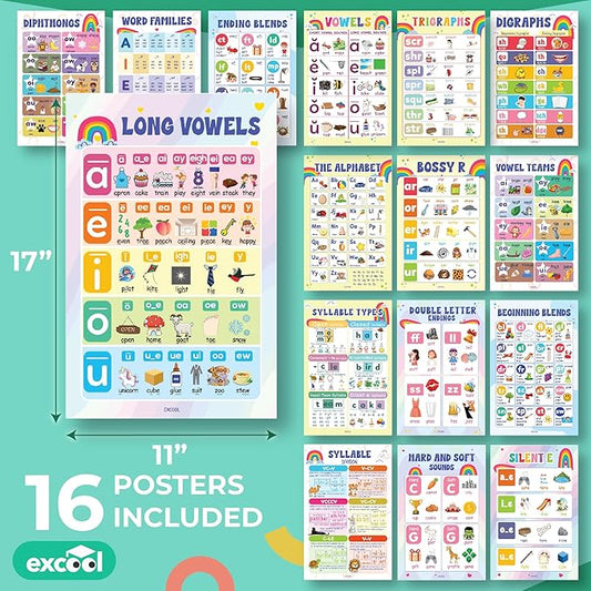 EXCOOL CLUB 16 Pcs Sound Wall Classroom Phonics Posters - Syllable Types Posters For Classroom Decor, Long And Short Vowel Chart Digraphs And Blends Poster For Kids Toddler Learning (11x17 Inch)